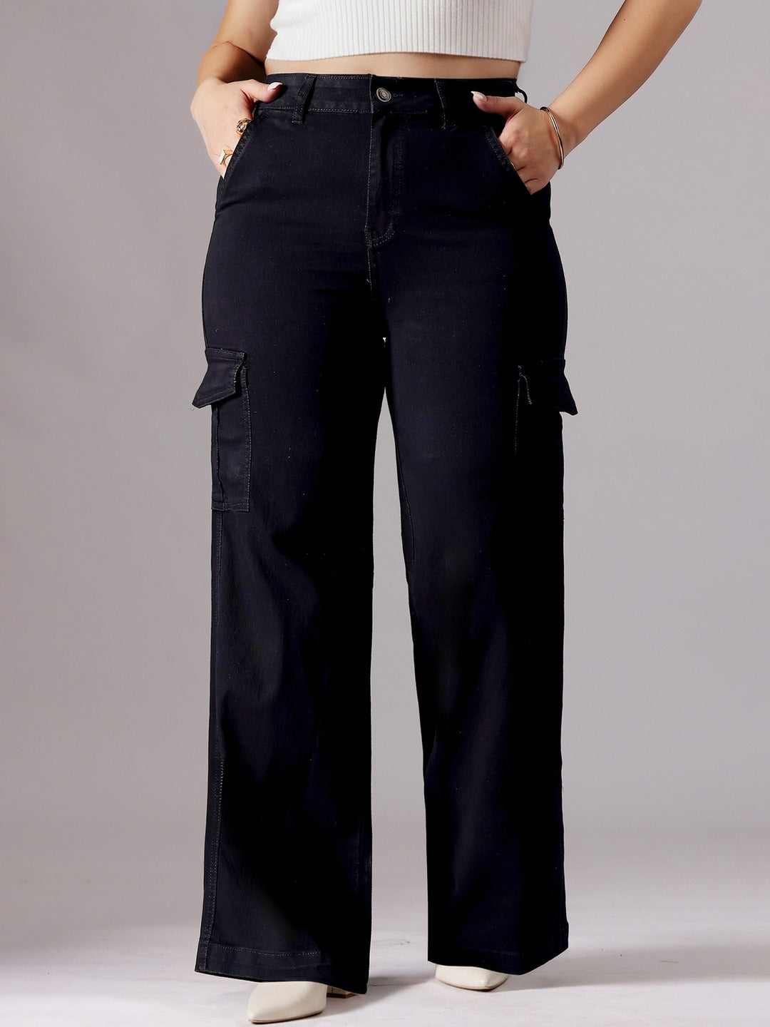 Black Wide-Leg High-Rise Stretchable Denim Jeans for Women