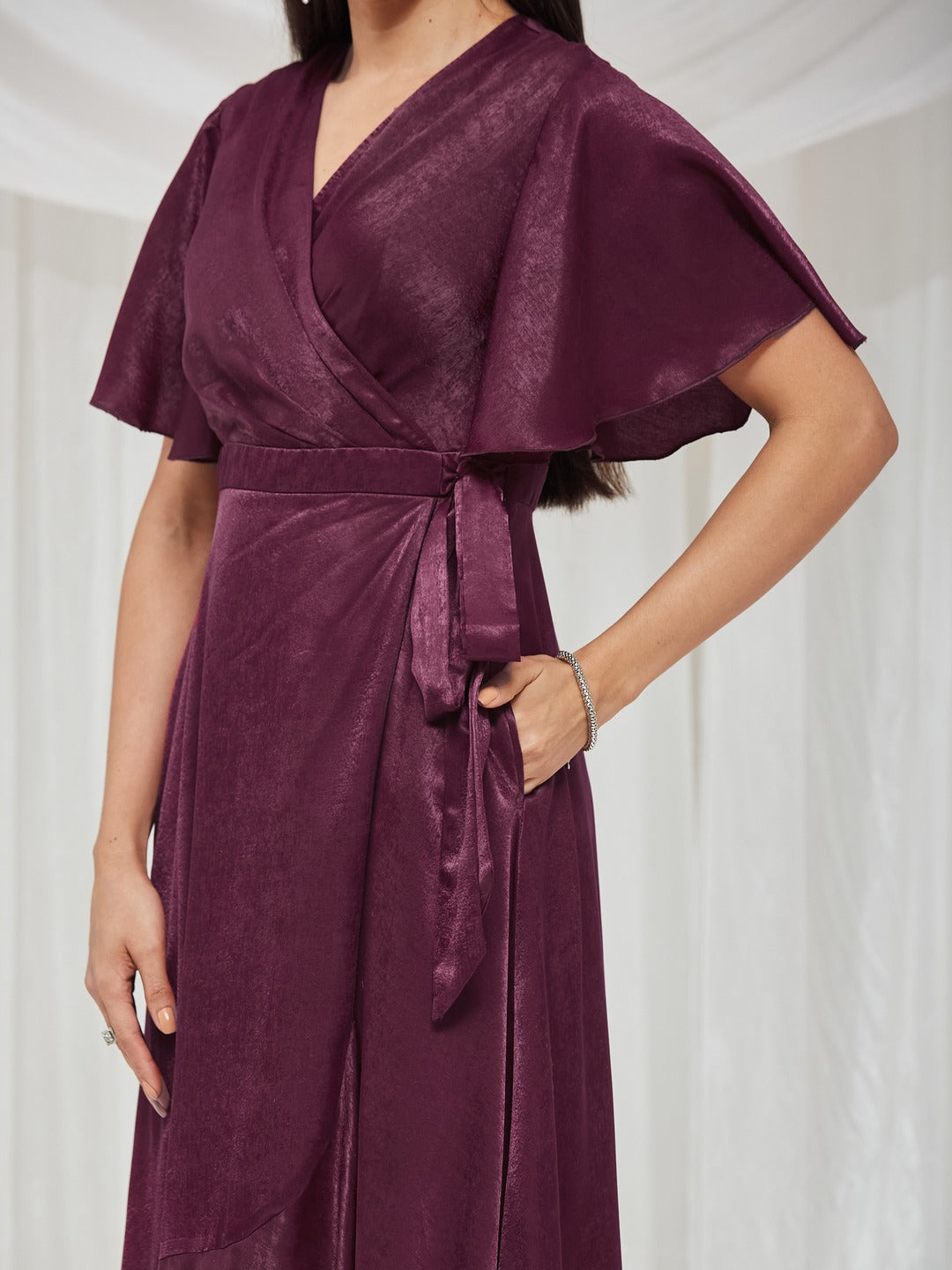 Wine V-Neck Flared Solid Overlap/Tie-Up Midi Satin Dress for Women