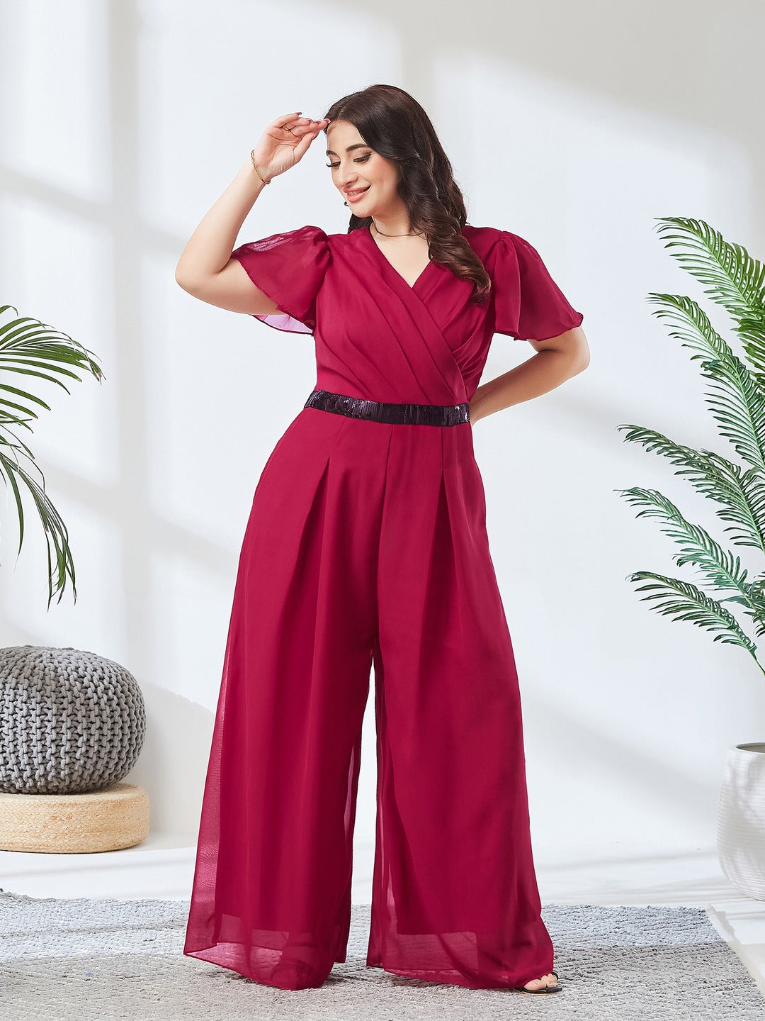 Pink Solid Relaxed Fit Short Sleeve V-Neck Ankle-Length Straight Jumpsuit for Women