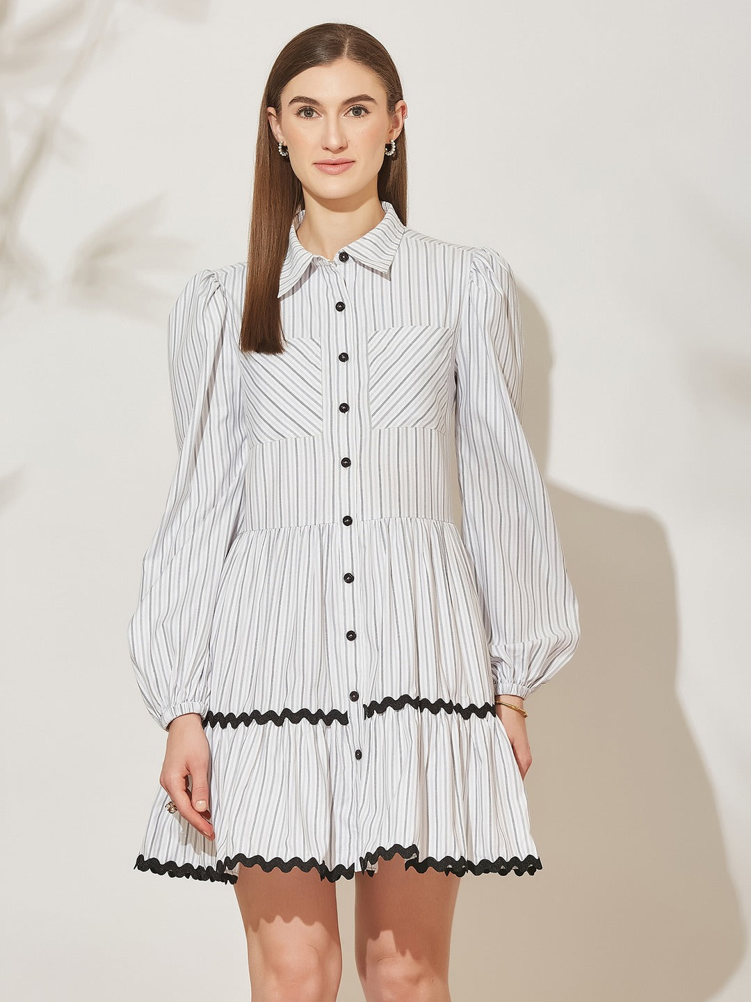 Black and Grey Striped Cotton Shirt Dress with Balloon Sleeves and Chest Pockets for Women