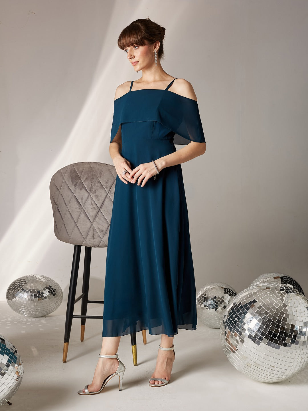 Teal Bardot Style Sleeveless Spaghetti Strap Solid Off Shoulder Midi Skater Dress for Women