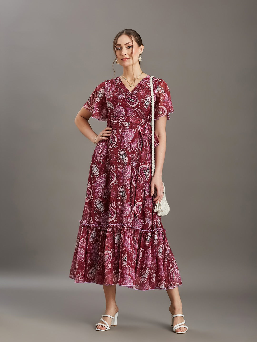 Wine V-Neck Half Sleeve Floral Wrap Maxi Chiffon Dress for Women