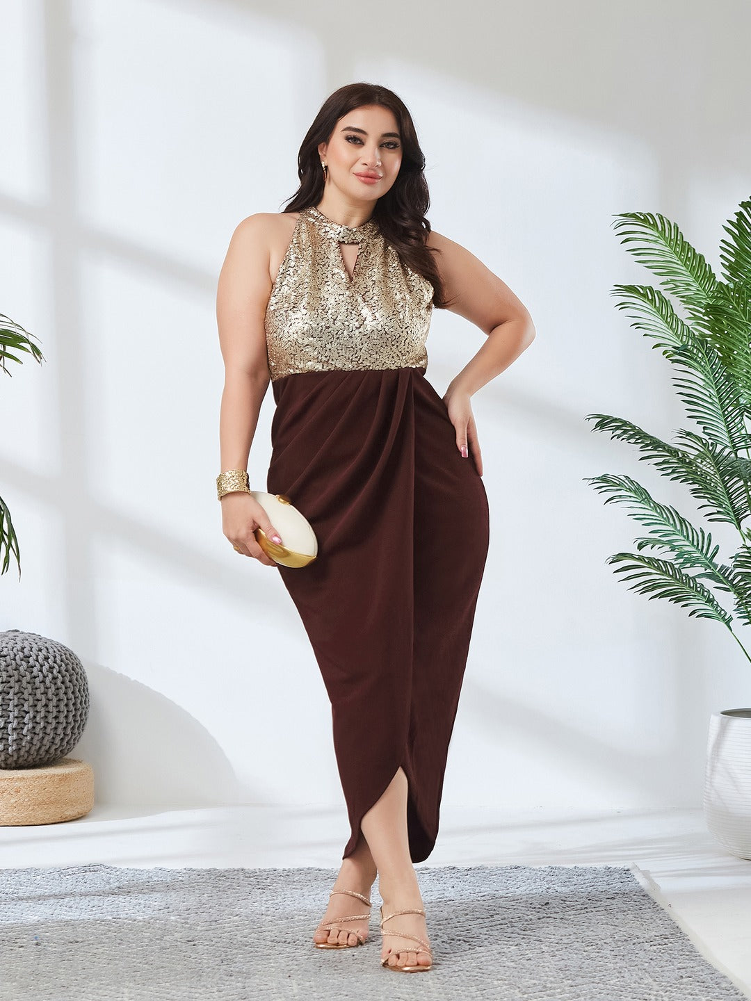 Wine Halter Neck Sleeveless Solid Embellished Midi Dress for Women