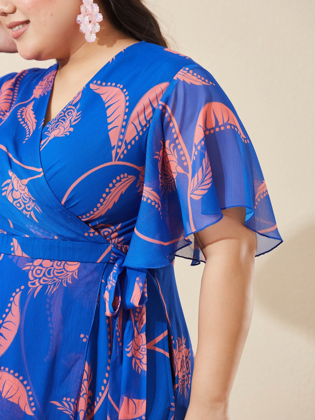 Royal Blue And Coral V-Neck Flared Floral Overlap/Tie-Up Maxi Chiffon Dress for Women