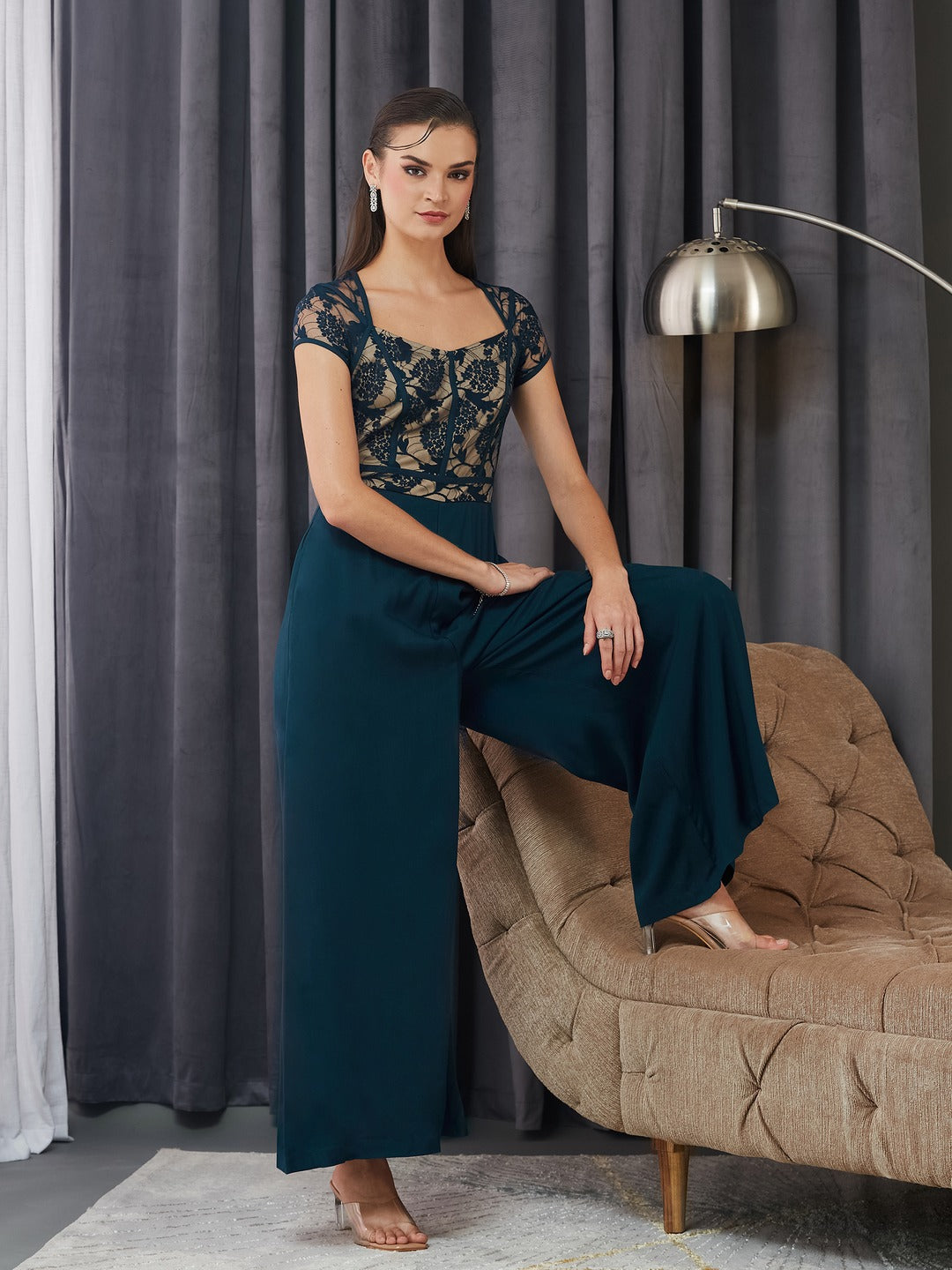 Teal Sweetheart Raglan Sleeve Self-Design Lace Overlaid Regular Fit Viscose Rayon Jumpsuit for Women