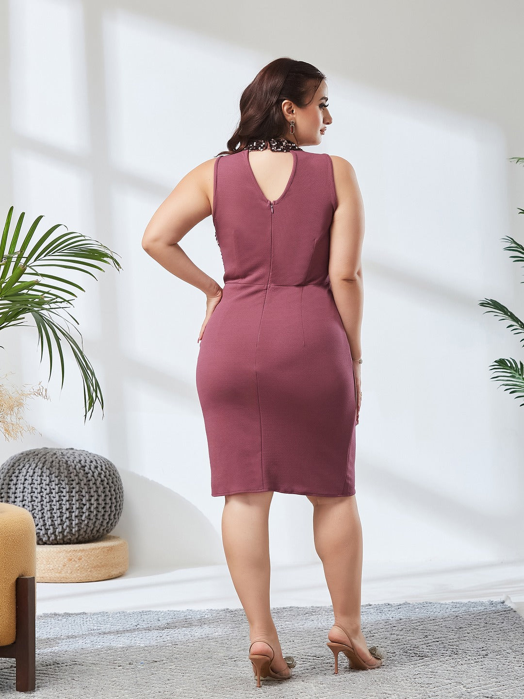 Mauve Halter Neck Sleeveless Embellished Pleated Above-Knee Dress for Women