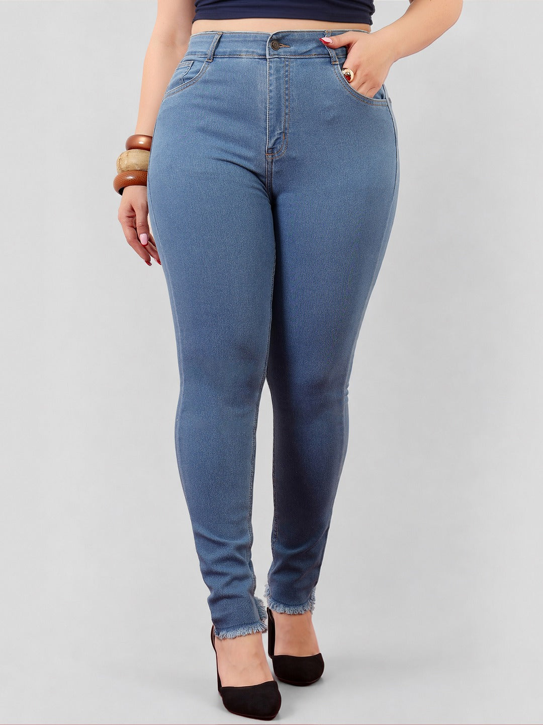Blue Skinny High Rise Cropped Length Fringe Detailing Stretchable Denim Jeans for Women