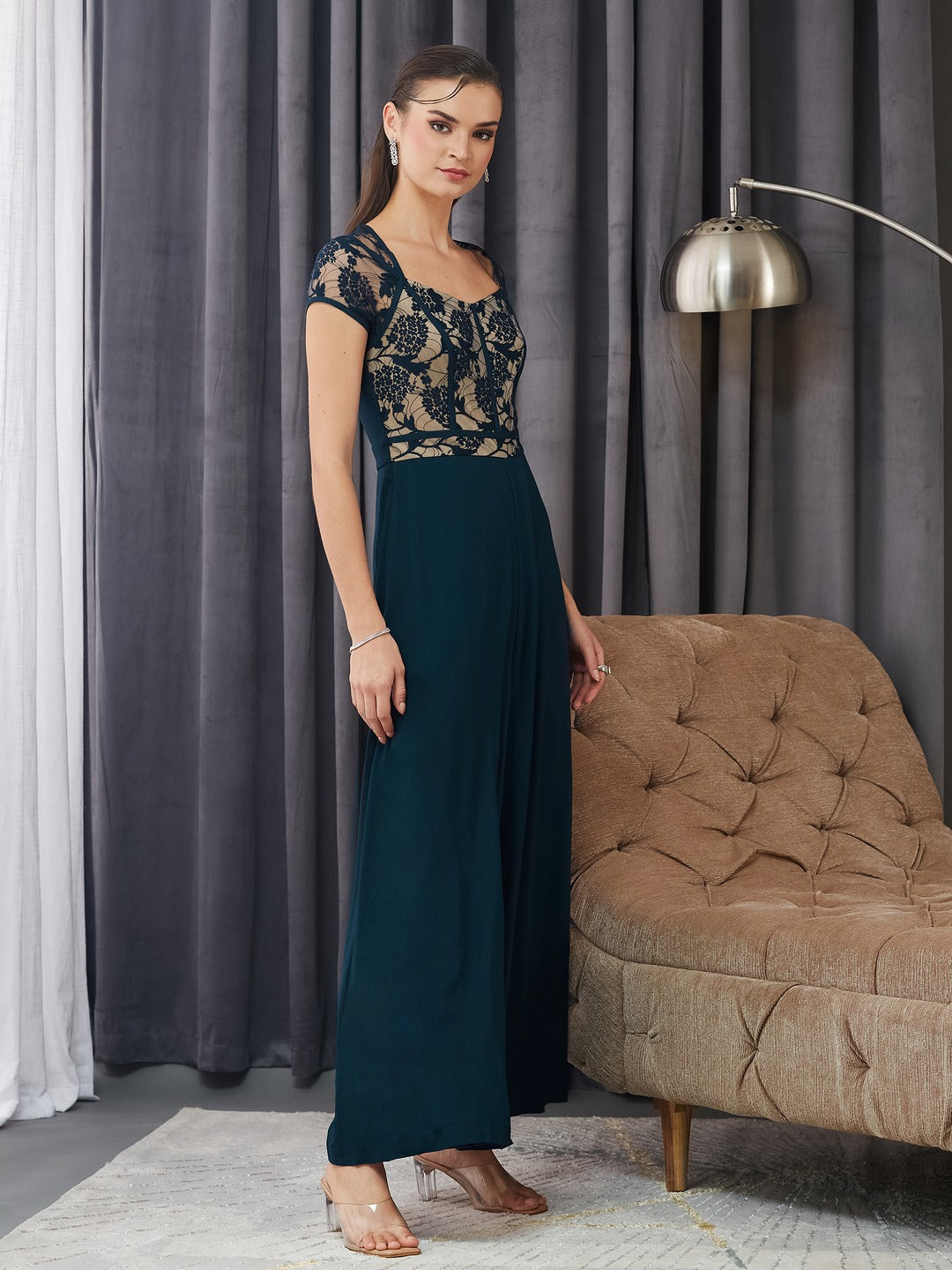 Teal Sweetheart Raglan Sleeve Self-Design Lace Overlaid Regular Fit Viscose Rayon Jumpsuit for Women