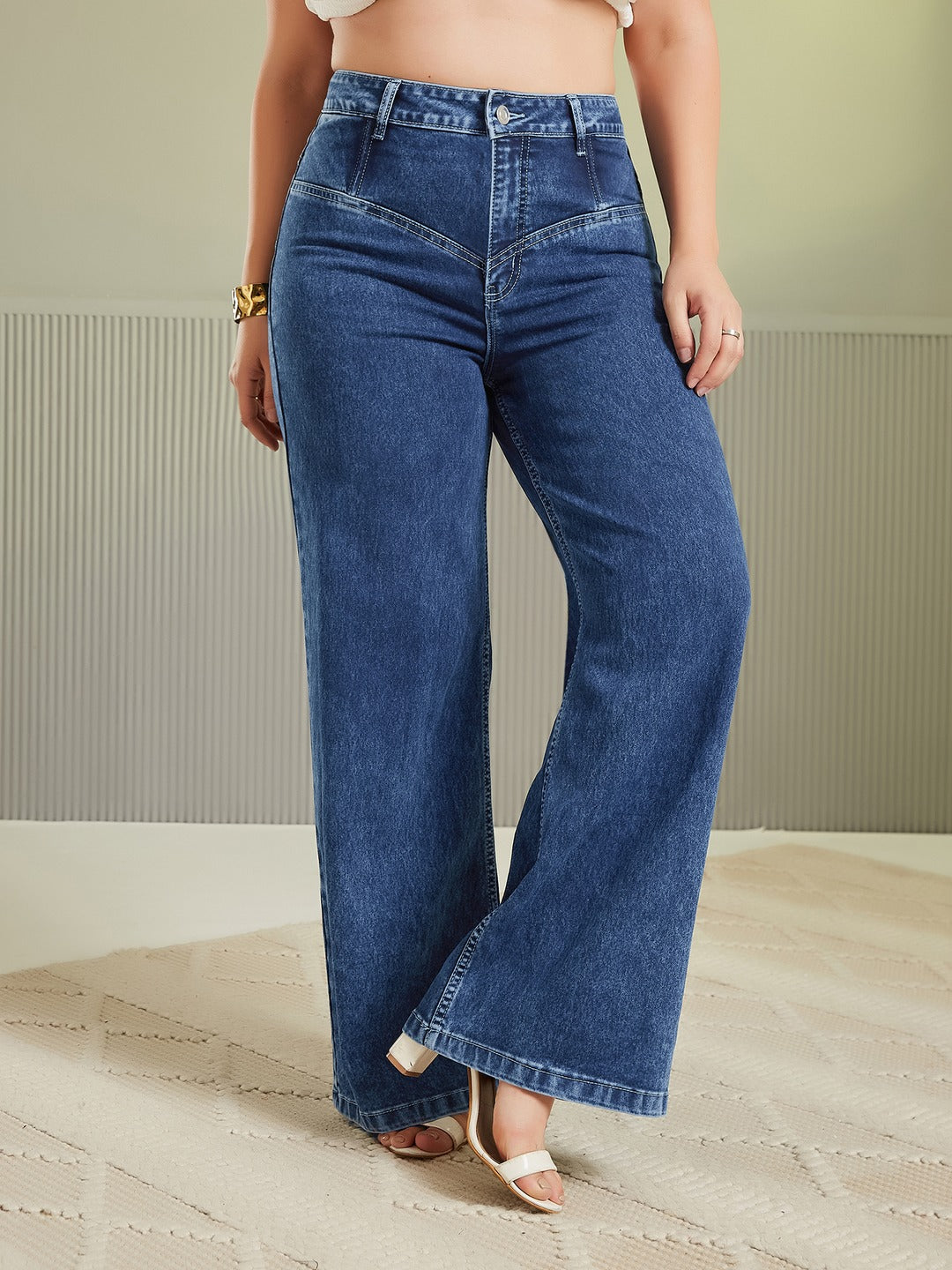 Black High Rise Stretchable Wide Leg Denim Jeans for Women