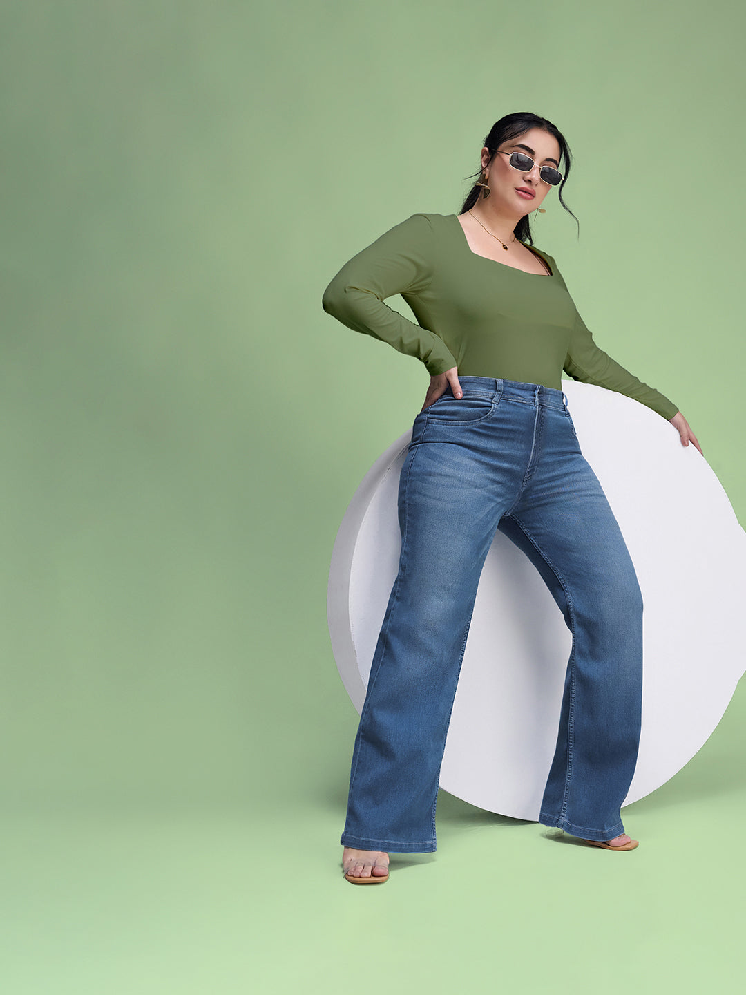 Light Blue Wide-Leg Mid Rise Blast Effect Light Weight Denim Jeans for Women