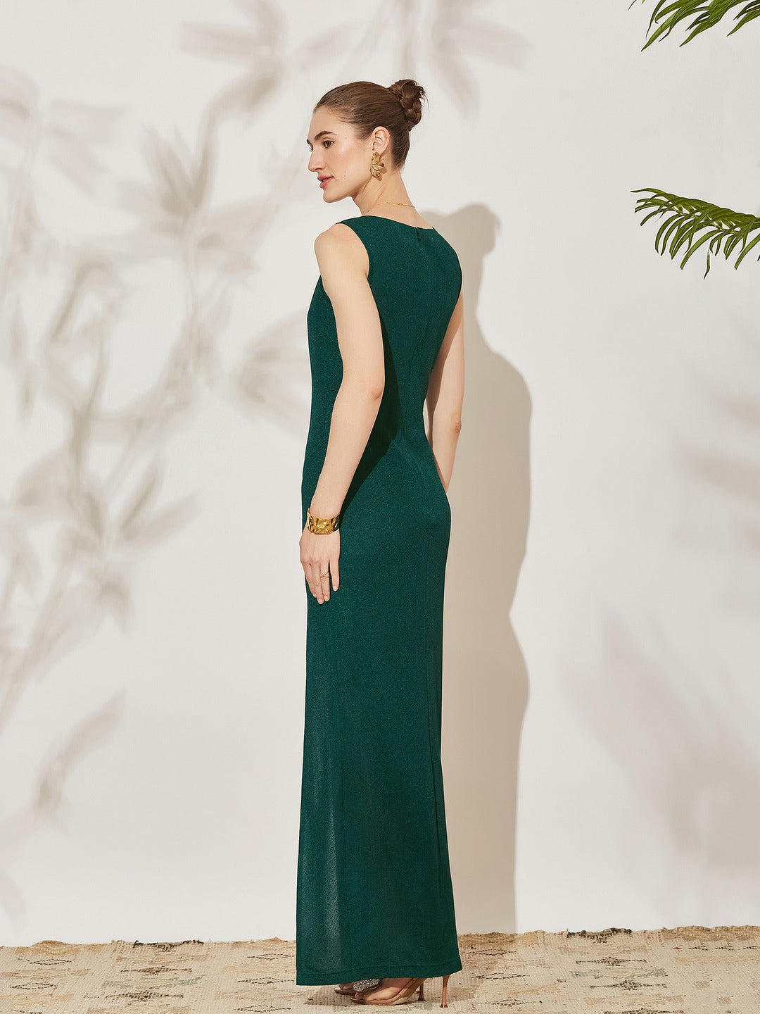 Bottle Green Asymmetric Cowl Sleeveless Solid Bodycon Maxi Polyester Dress for Women