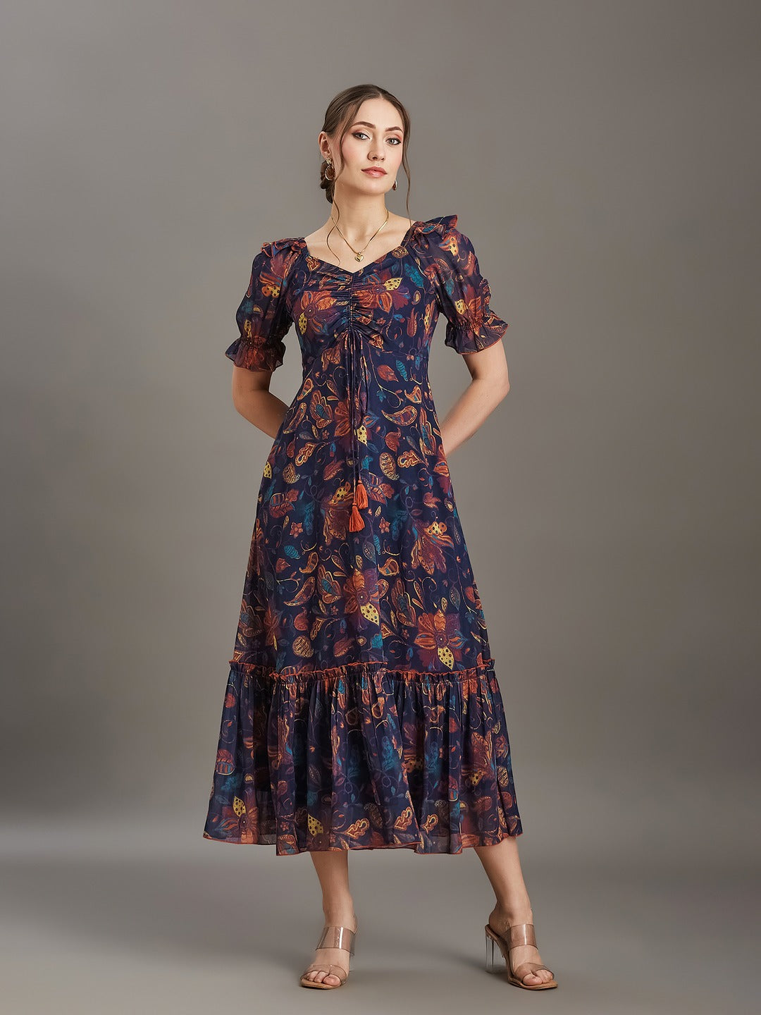 Cobalt Blue Sweetheart Neck Puff Sleeve Floral Ruching/Tiered Ankle-Length Georgette Dress for Women