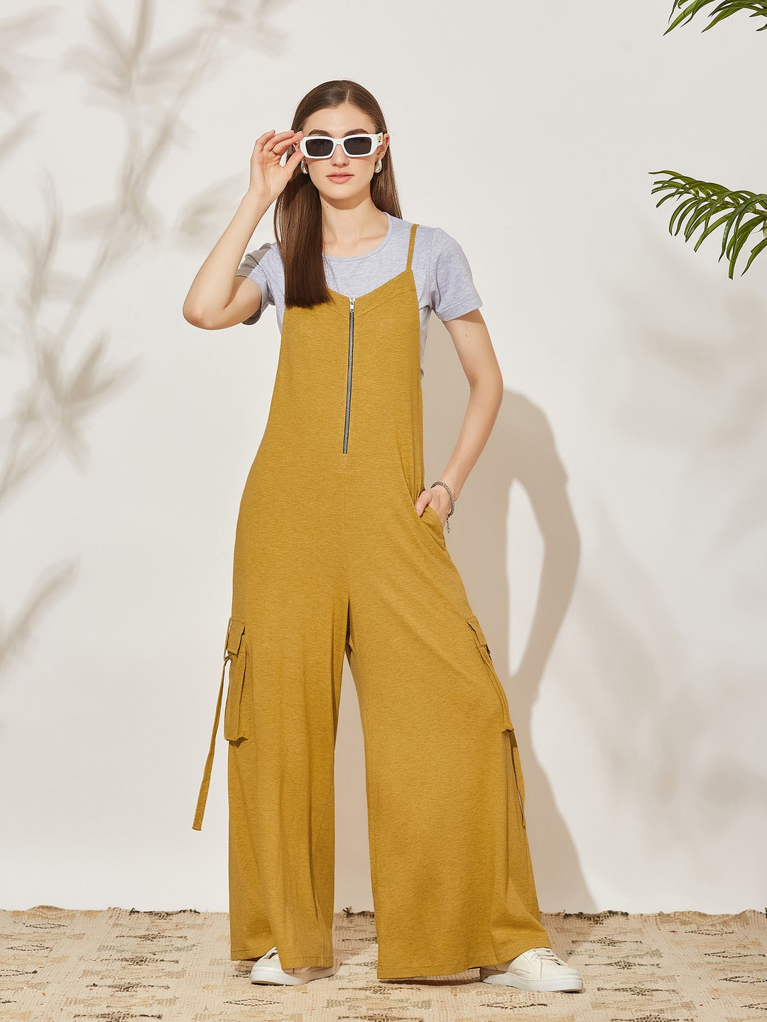 Gold and Grey Round Neck Half Sleeve Solid Regular Fit Cotton Dungaree Co-Ord Set for Women