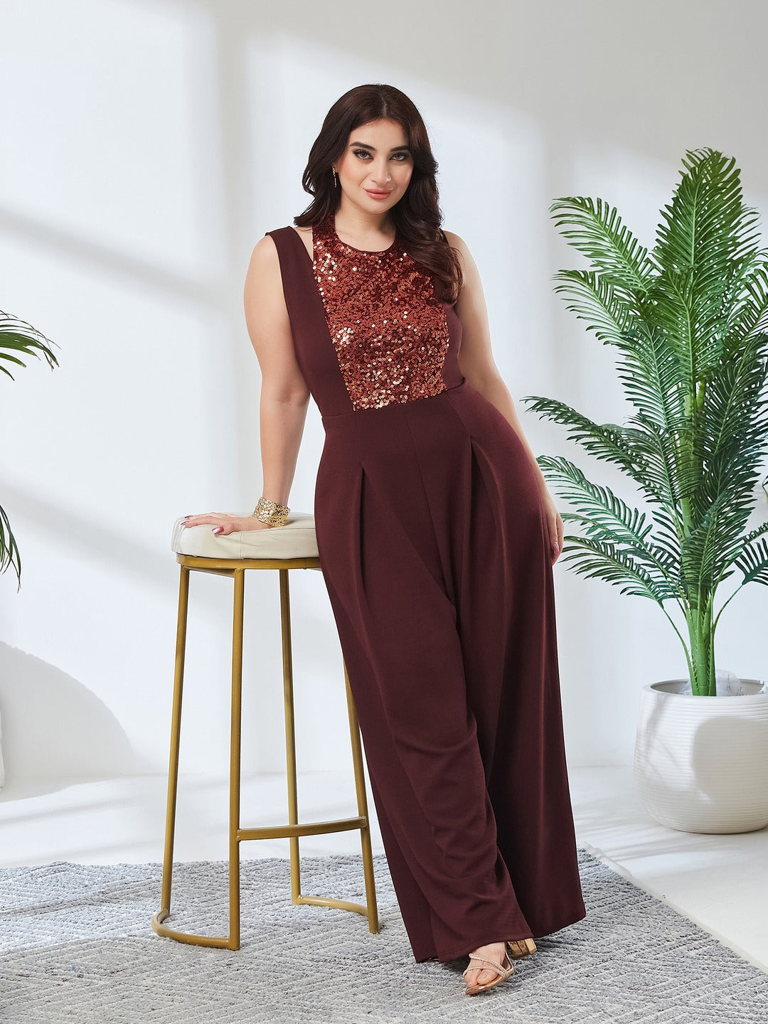 Wine Color Halter Neck Sleeveless Solid Pleated/Wide Leg Sequin Paneled Regular Length Jumpsuit for Women