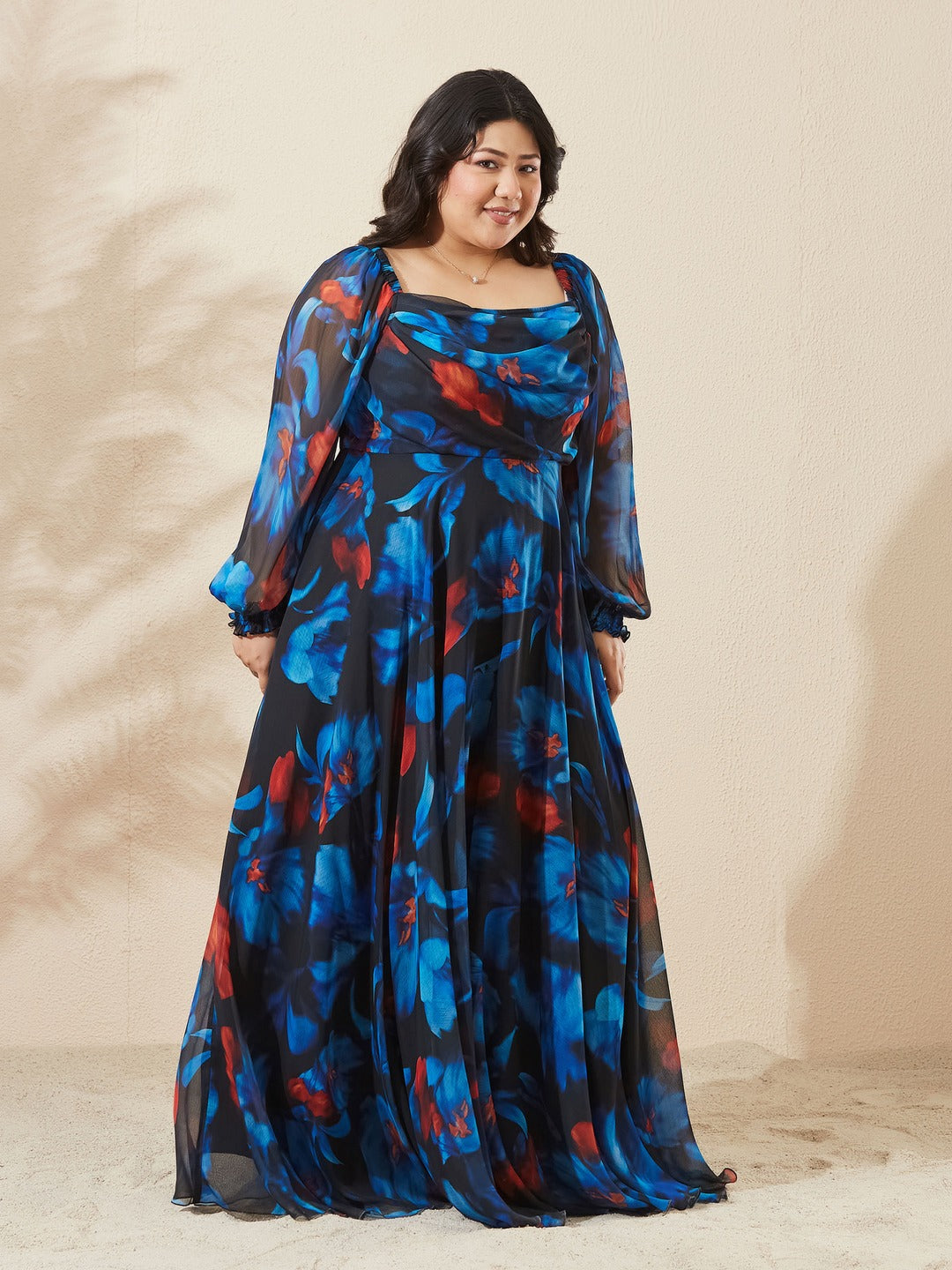 Black V-Neck Puff Floral Overlap/ Tiered Maxi Chiffon Ethnic Dress for Women