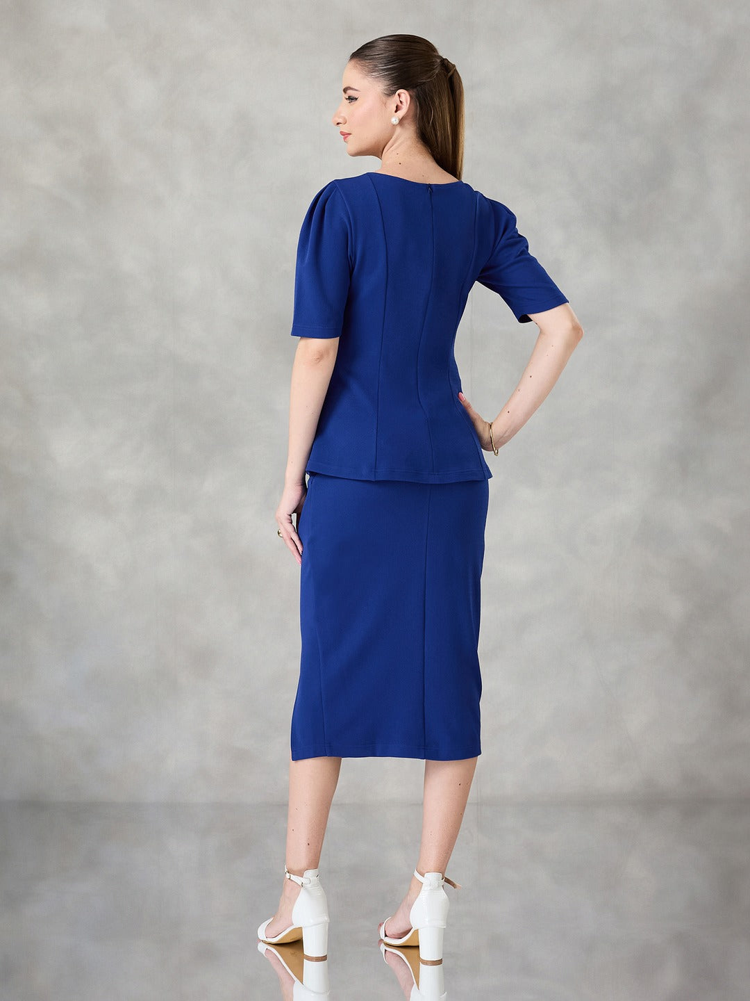 Royal Blue Square Neck Half Sleeve Solid Peplum Knee-Long Premium Polyknit Co-Ord Set for Women