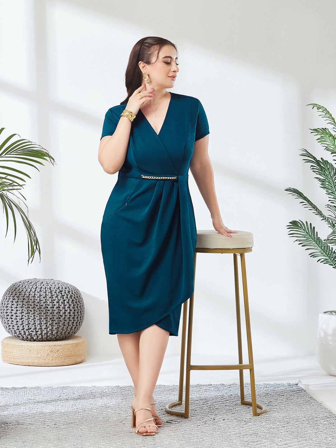 Teal Wrap-Styled Short Sleeve Solid Pleated Knee-Long Dress for Women