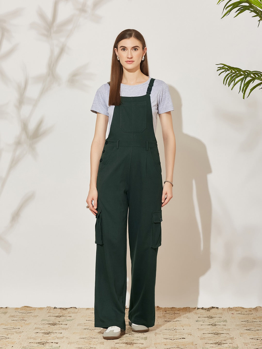 Bottle-Green Square Neck Sleeveless Solid Wide Leg Full Length Cotton Dungaree for Women