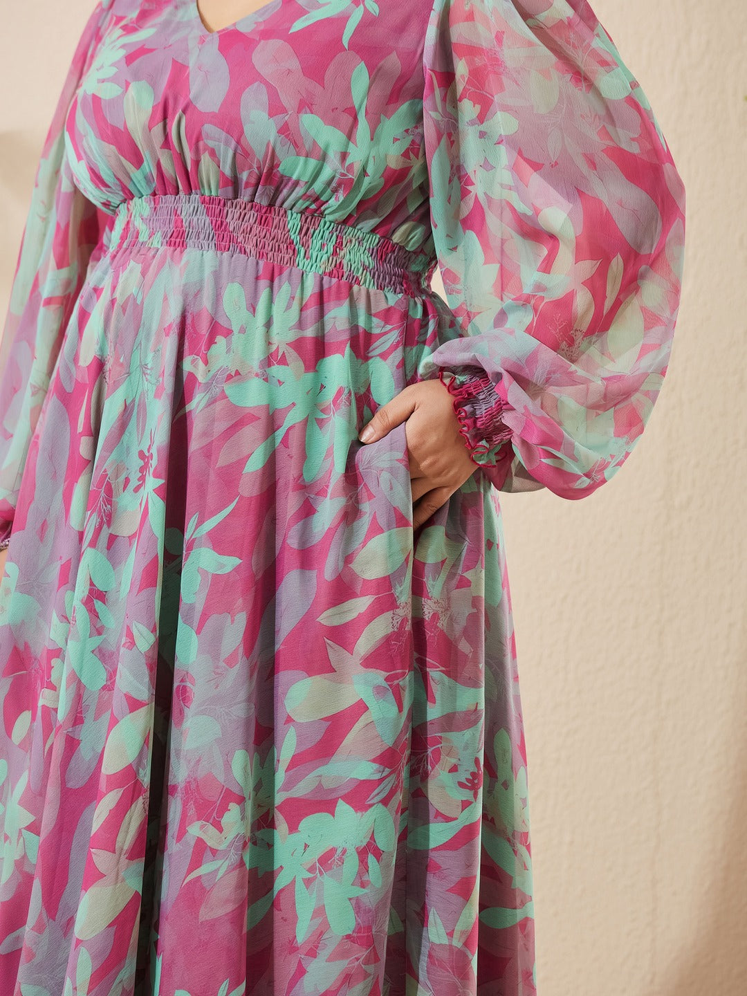Pink & Mint Floral V-Neck Smocked Bishop Sleeve Maxi Chiffon Dress for Women