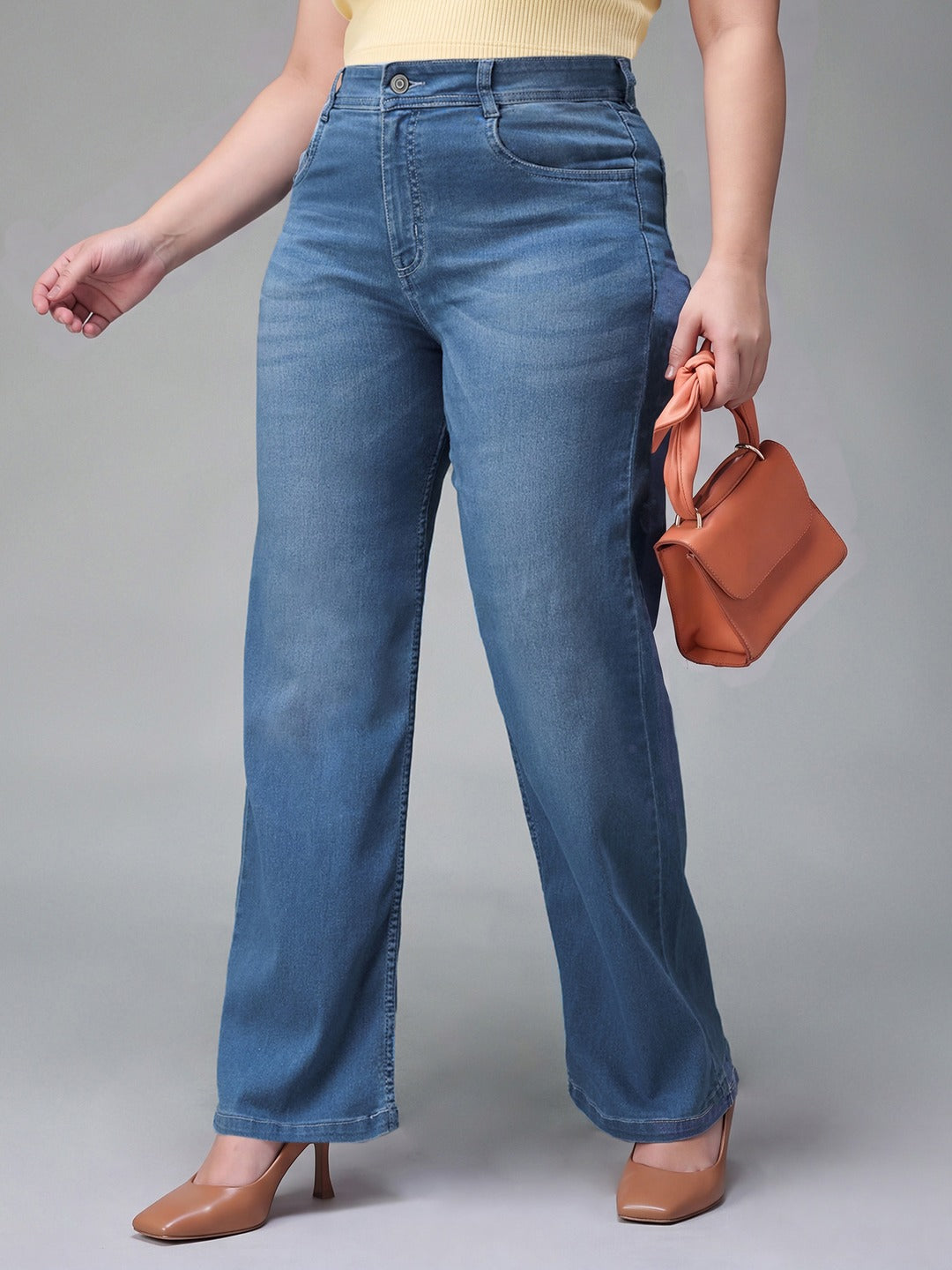 Light Blue Wide-Leg Mid Rise Blast Effect Denim Jeans for Women