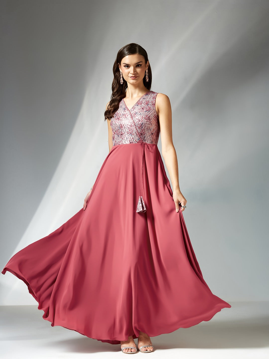Pink V-Neck Sleeveless Floral Embellished Fit & Flare Maxi Georgette Dress for Women