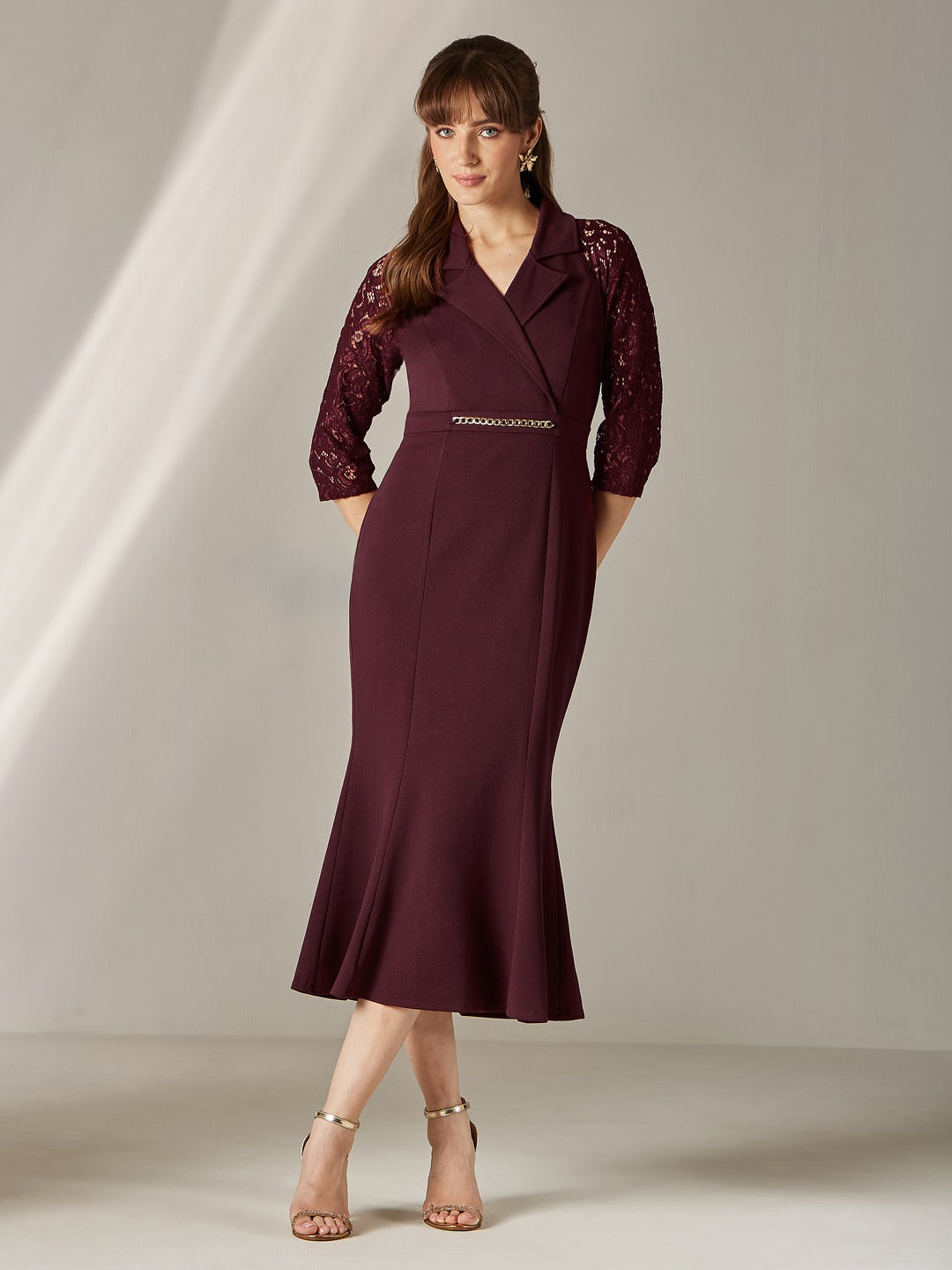 Wine Notched Collar Three-Quarter Sleeve Self-Designed Bodycon Midi Dress for Women