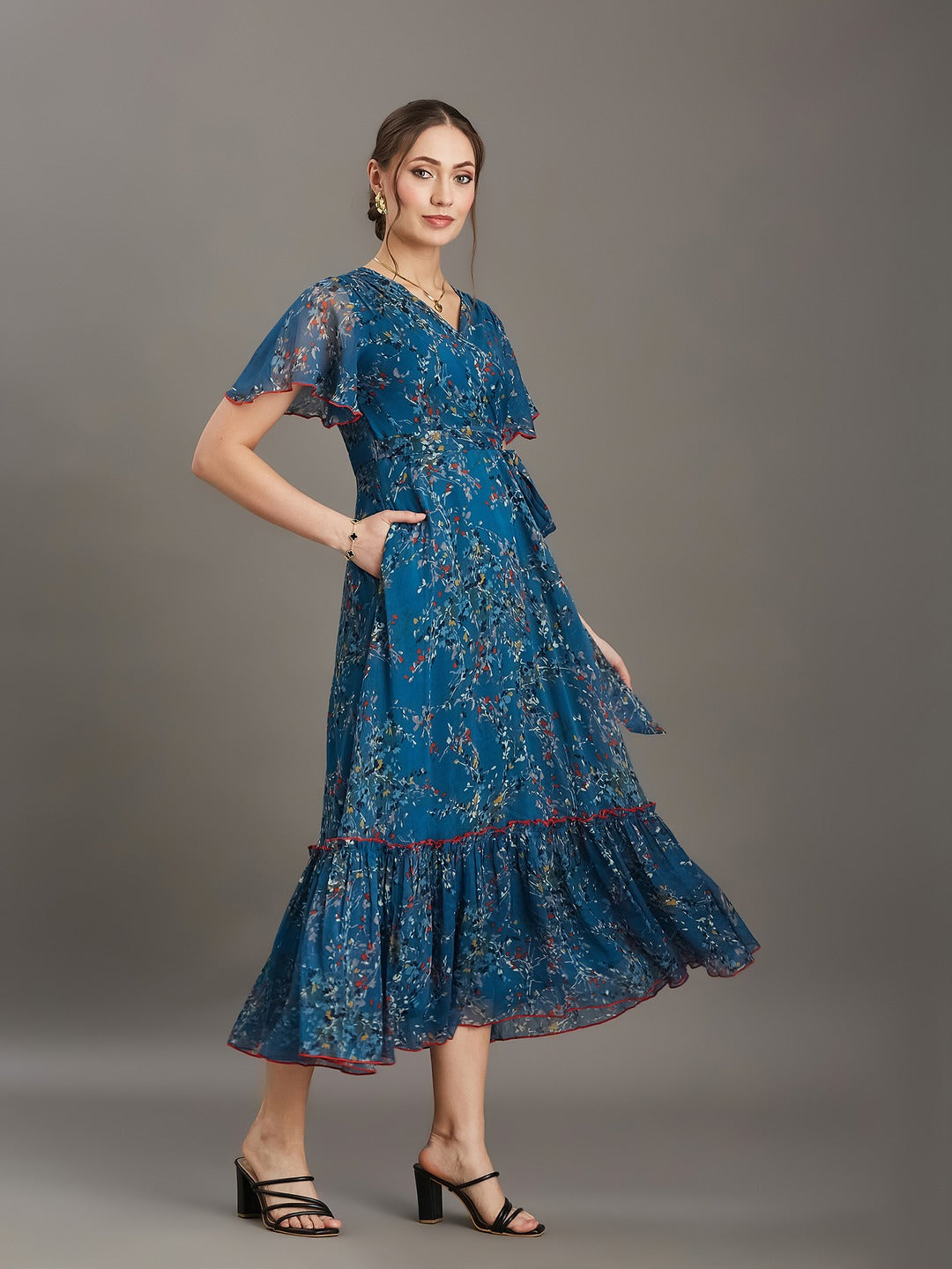 Multicolored Teal Floral V-Neck Flared Sleeve Wrap Chiffon Maxi Dress for Women