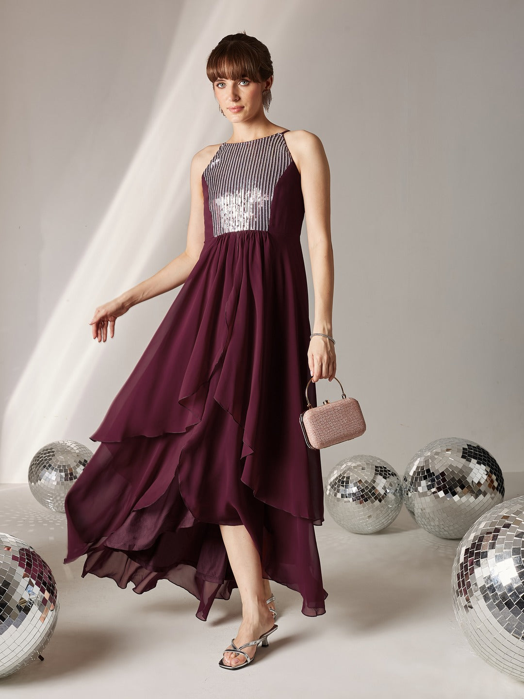 Wine Halter Neck Sleeveless Embellished Layered Georgette Maxi Dress for Women