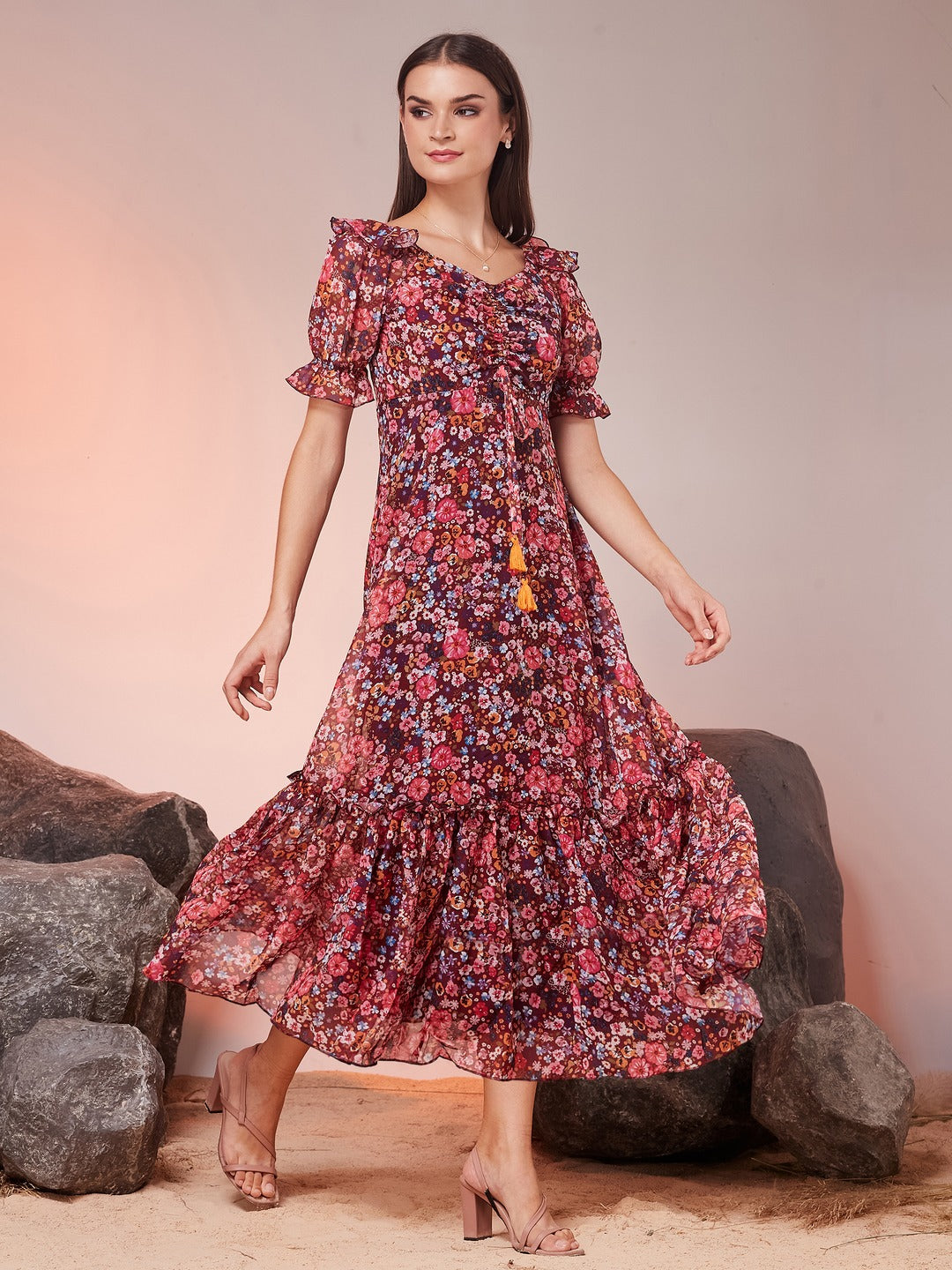 Wine V-Neck Puff Sleeve Floral Ruching Ankle-Length Dress for Women