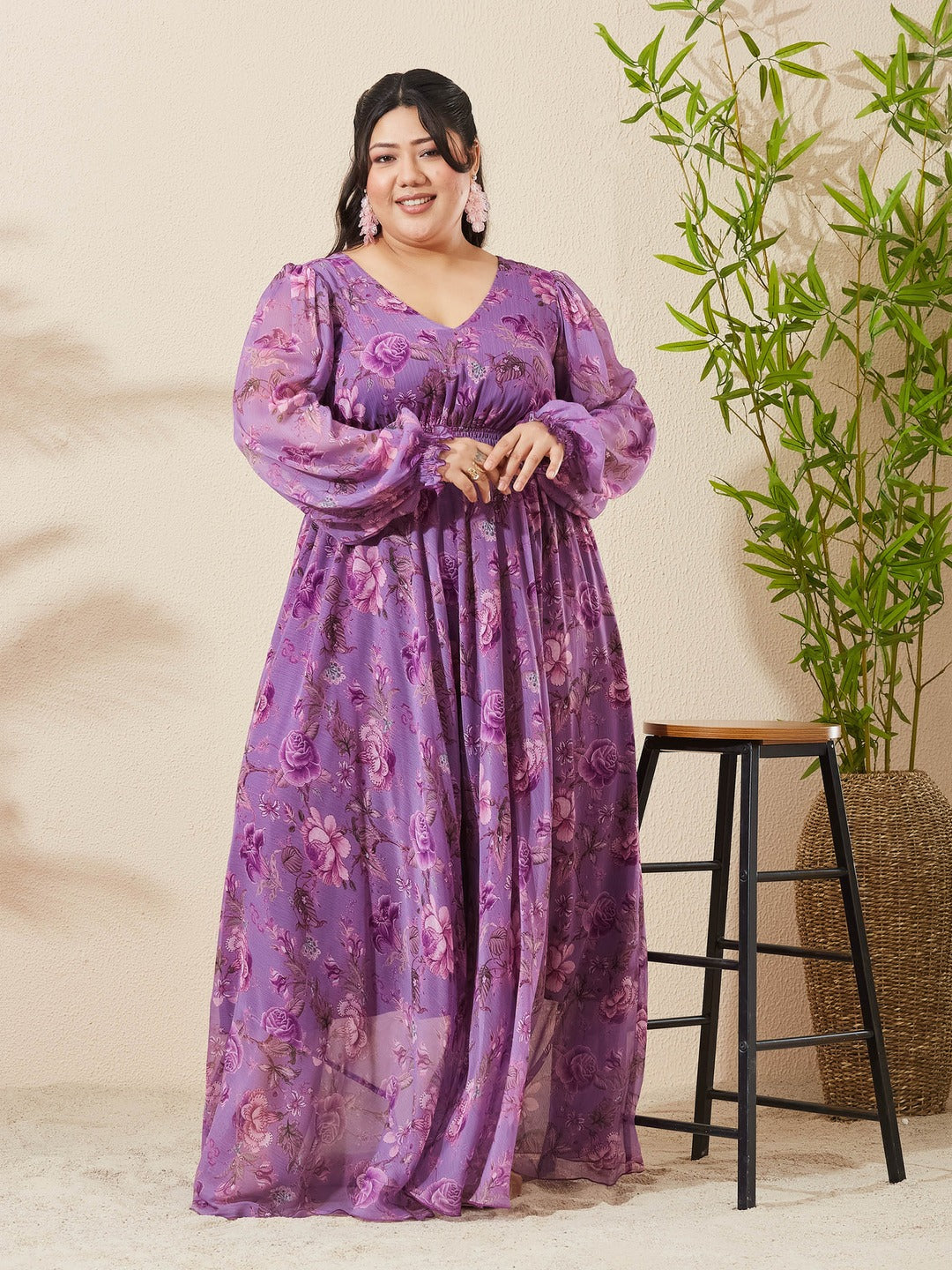 Lavender Floral V-Neck Bishop Sleeve Smocked Chiffon Maxi Dress for Women