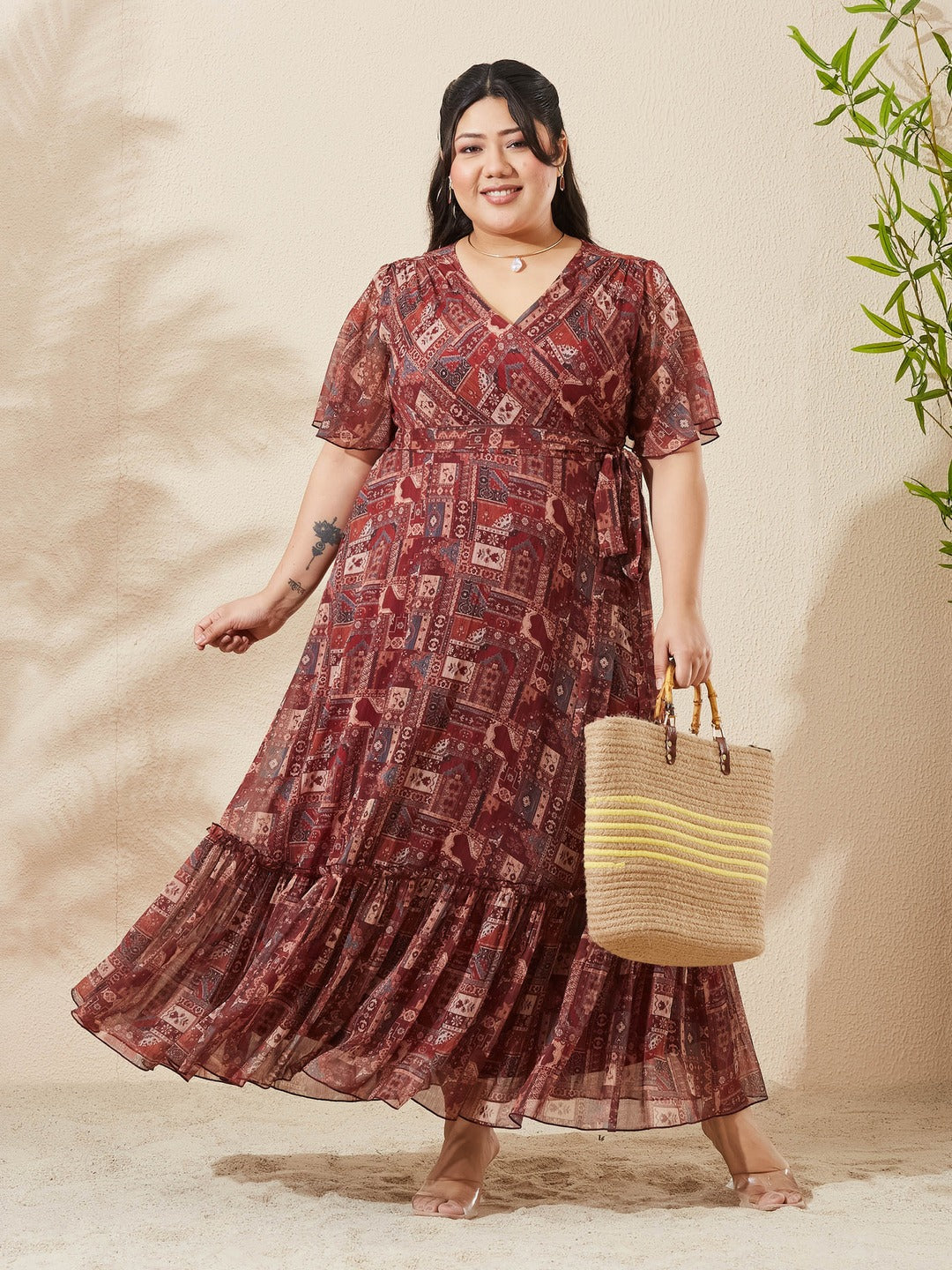 Brown Floral V-Neck Flared Sleeve Wrap Maxi Chiffon Dress for Women
