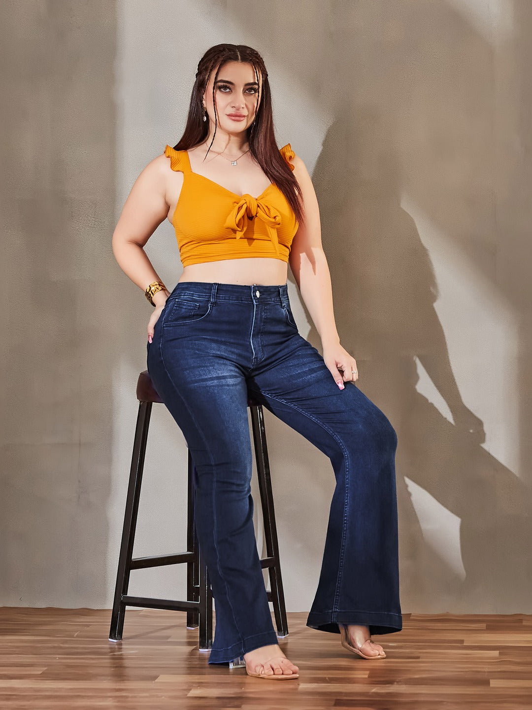 Light Blue Bootcut High rise Regular Stretchable Denim Jeans for Women