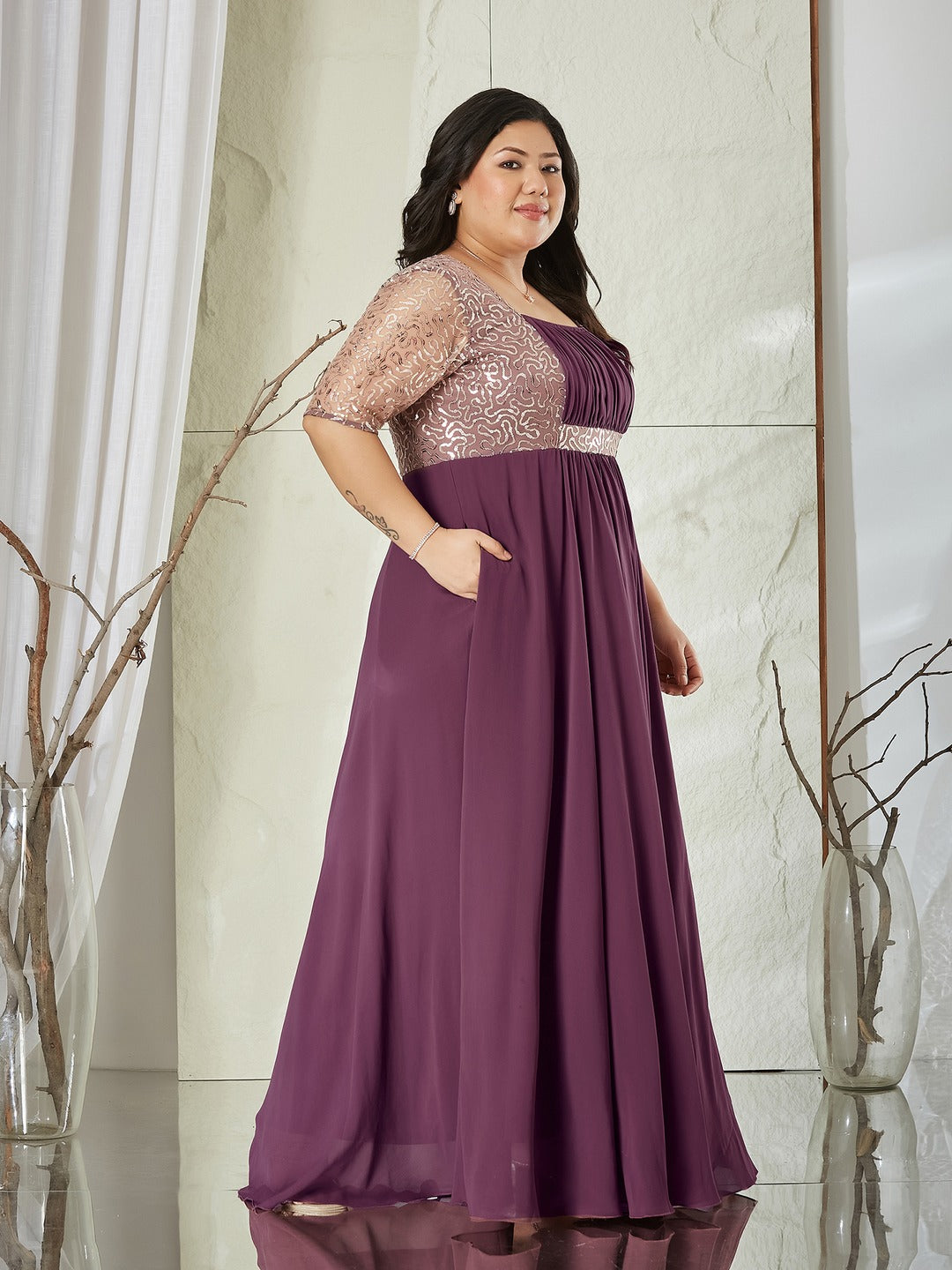 Mauve Square Neck Half Sleeve Solid Embellished Georgette Maxi Dress for Women