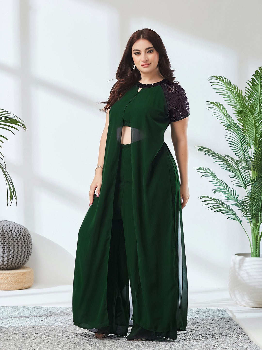 Dark Green Round Neck Raglan Sleeve Solid Layered Regular Jumpsuit for Women
