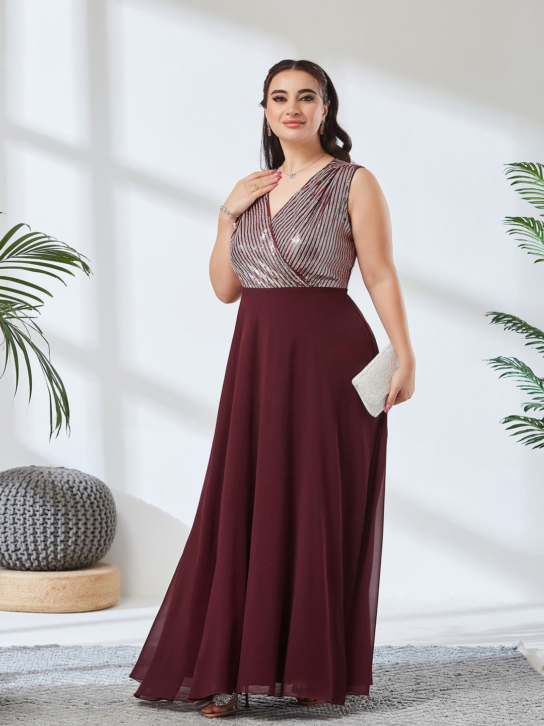 Wine V-Neck Sleeveless Embellished Wrap-Styled Maxi Georgette Dress for Women