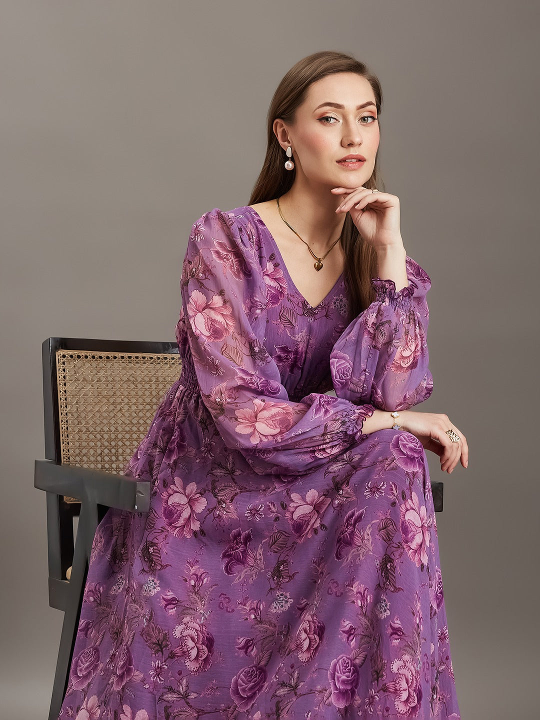 Multicolored Lavender Floral V-Neck Bishop Sleeve Smocked Chiffon Maxi Dress for Women