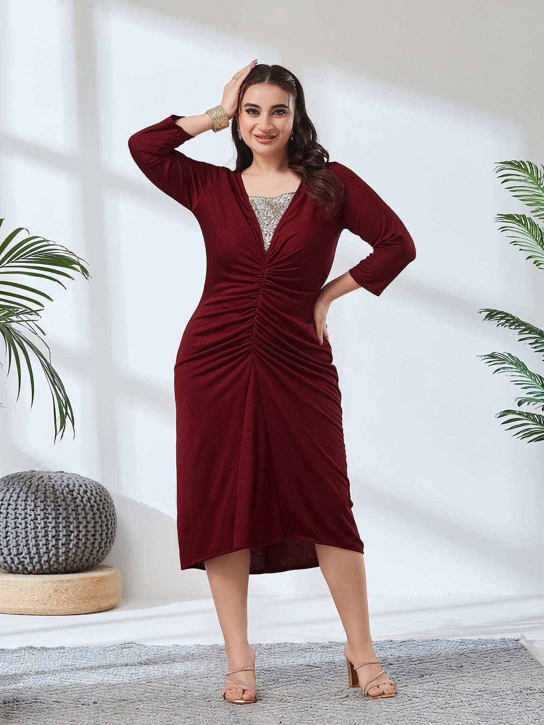 Maroon & Golden Embellished Sheath Midi Dress for Women