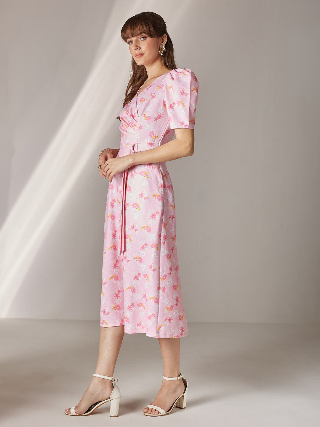 Pink V-neck Puff Sleeve Floral Wrap Midi Dress for Women