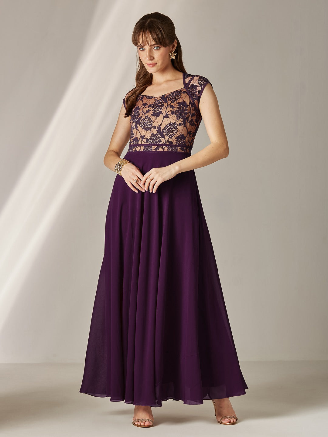 Dark Purple Sweet-Heart Neck Cap-Sleeve Floral Fit & Flare Georgette Maxi Dress for Women