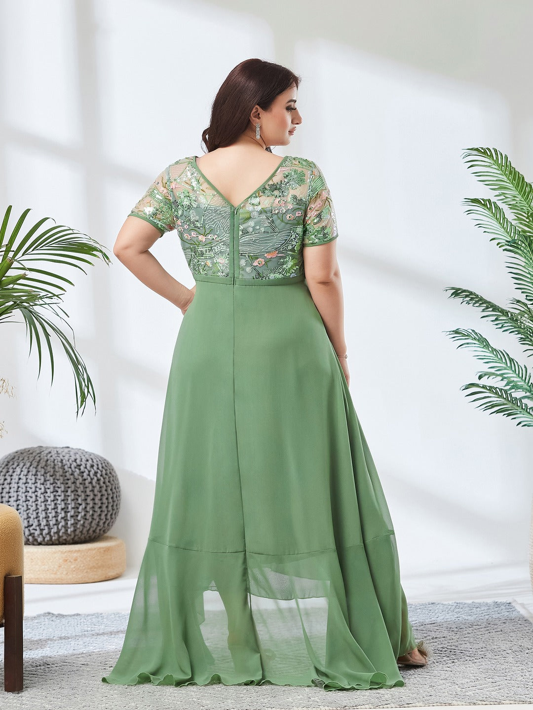 Light Green Embellished Layered Georgette Midi Dress for Women