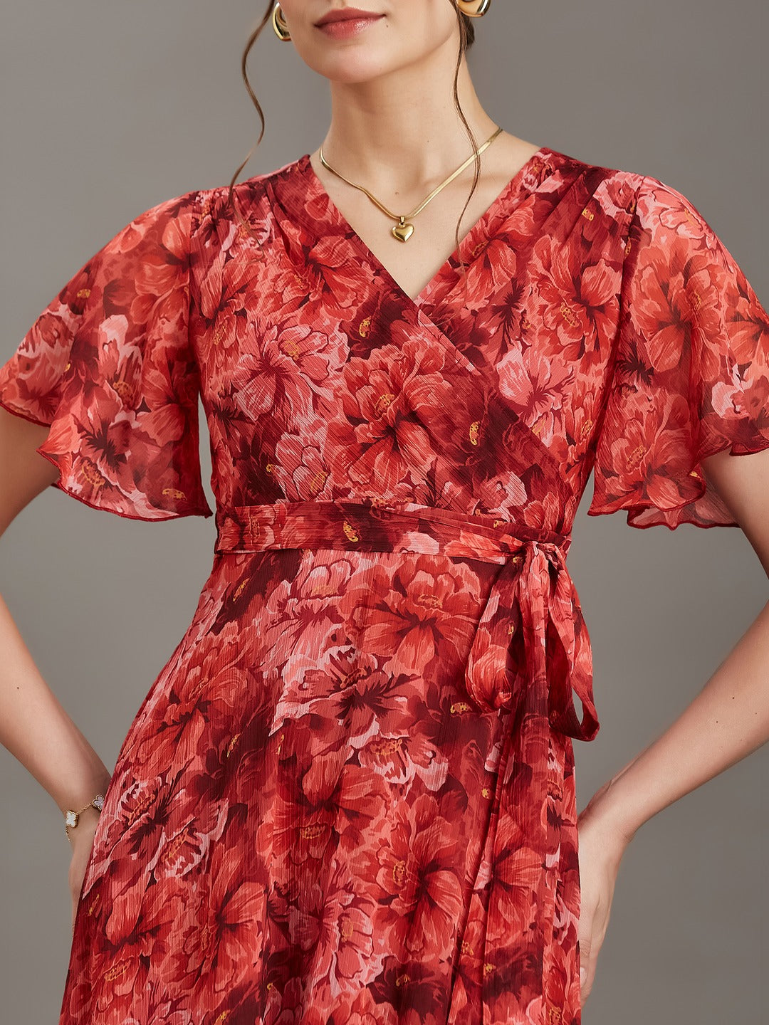Red V-Neck Half Sleeve Floral Wrap Maxi Chiffon Dress for Women