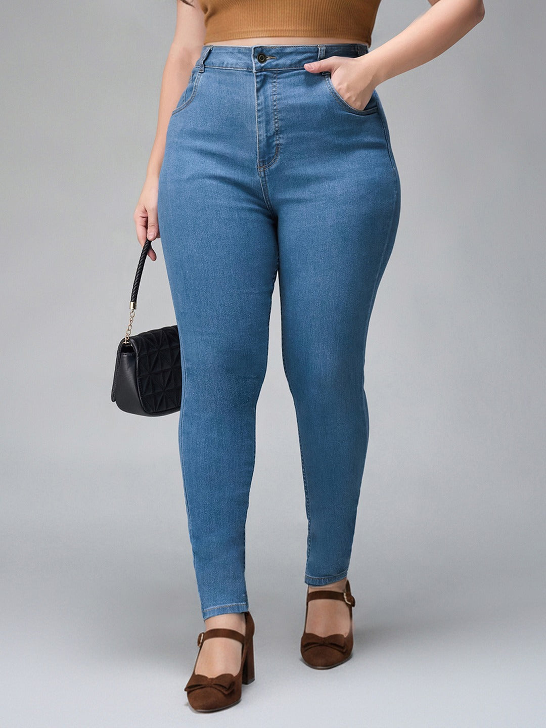 Blue Solid Skinny High Rise Cropped Fringe Detailing Solid Stretchable Denim Jeans for Women