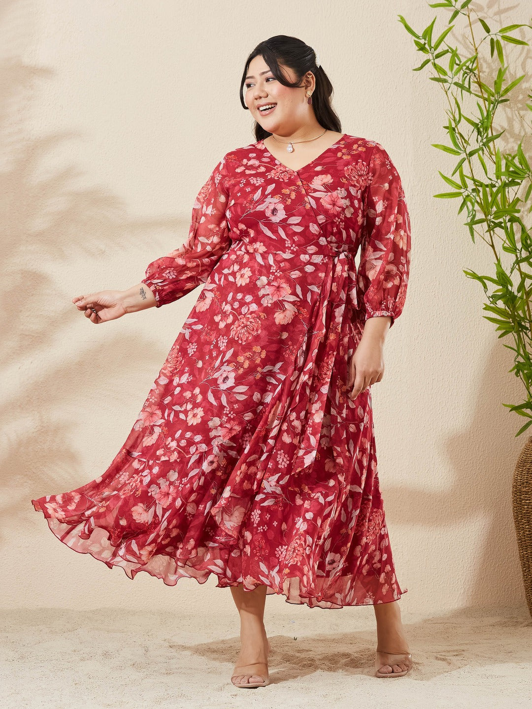 Maroon Floral V-Neck 3/4 Sleeve Wrap Midi Chiffon Dress for Women