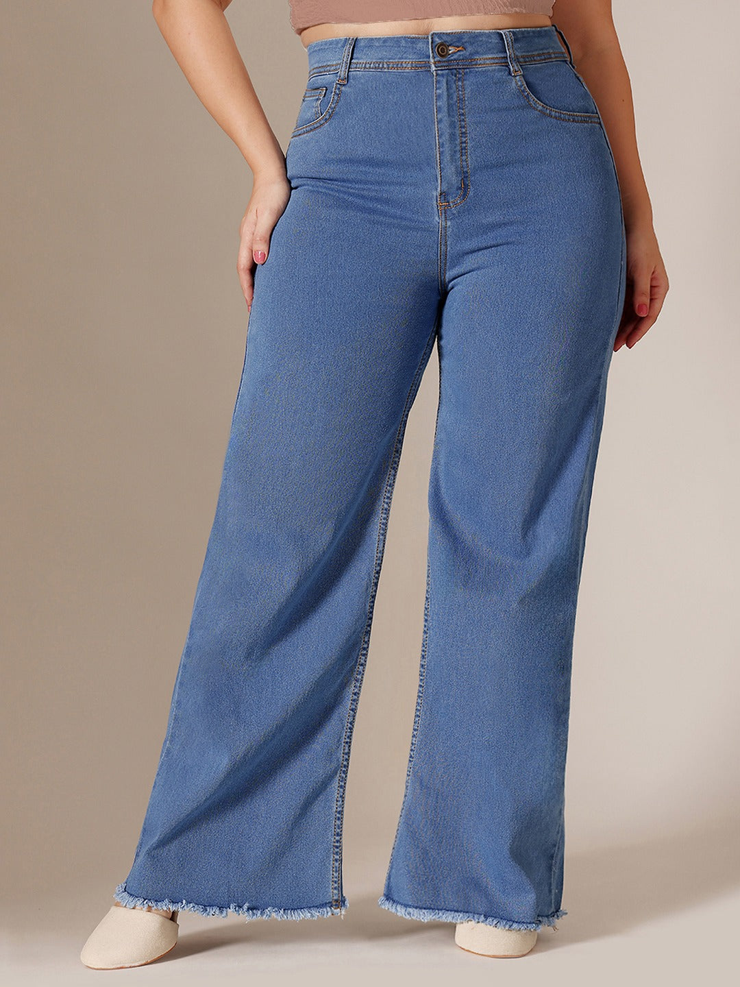 Mid Blue Wide-Leg High-Rise Stretchable Denim Jeans for Women