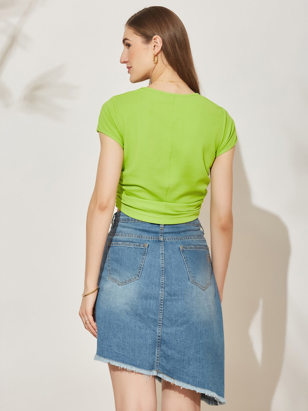 Neon Green Round Neck Short Solid Ruching Crop Polyester Top for Women