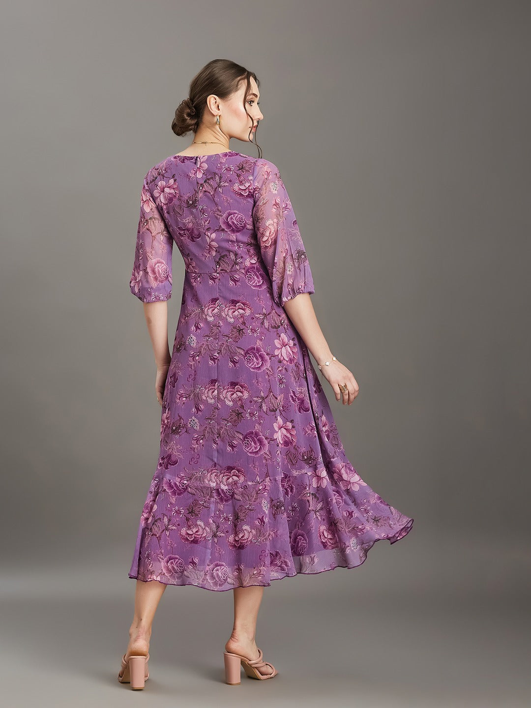Multicolored Lavender Floral V-Neck 3/4 Sleeve Wrap Chiffon Midi Dress for Women