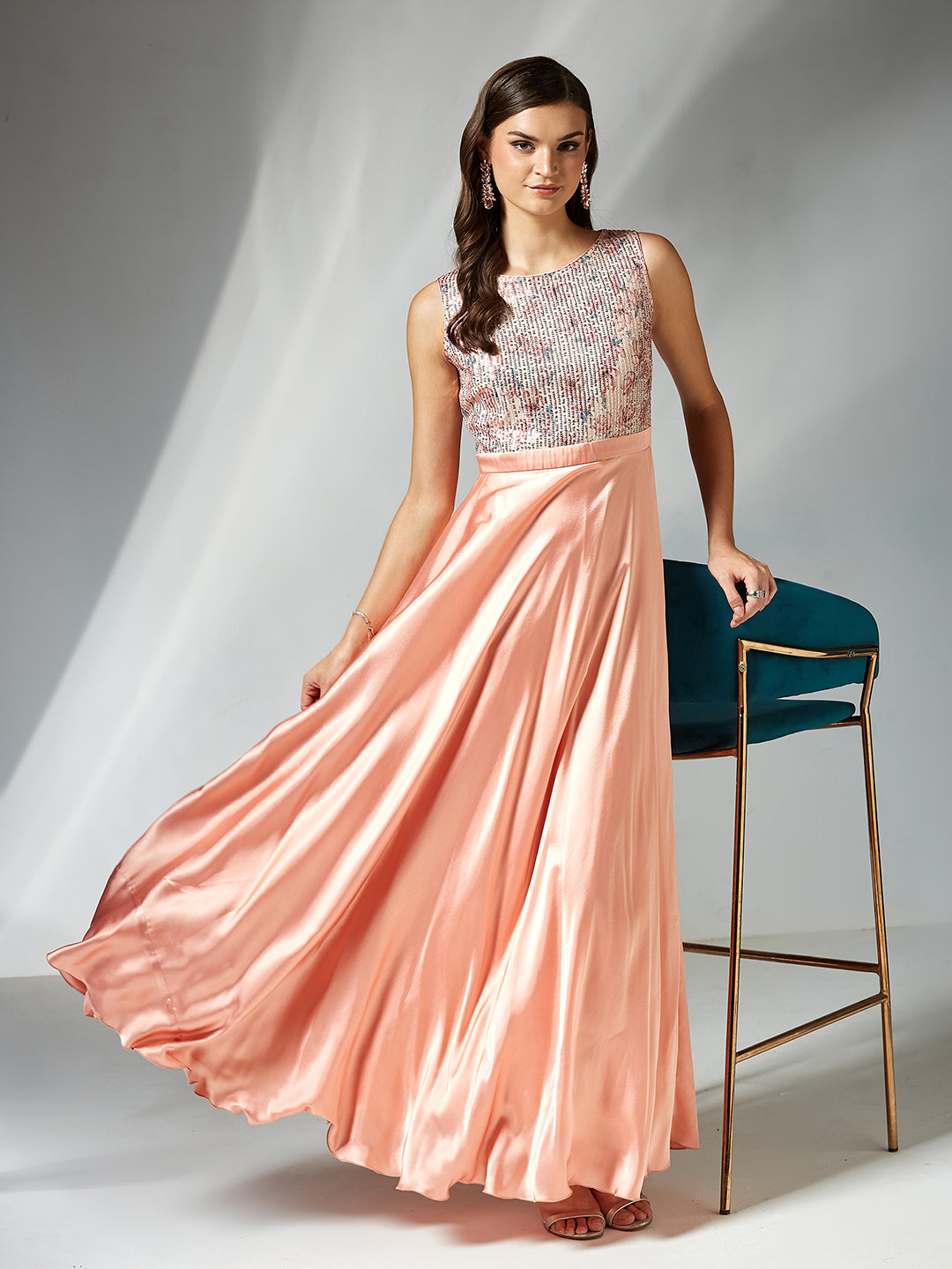 Peach Boat Neck Sleeveless Embellished Fit & Flare Maxi Polyester Dress for Women