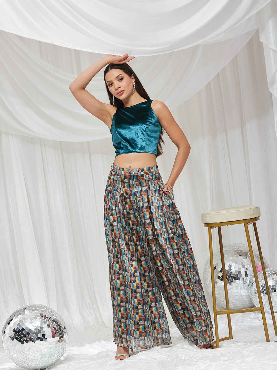 Teal Boat Neck Sleeveless Abstract Pleated Polyester Co-Ord Set for Women