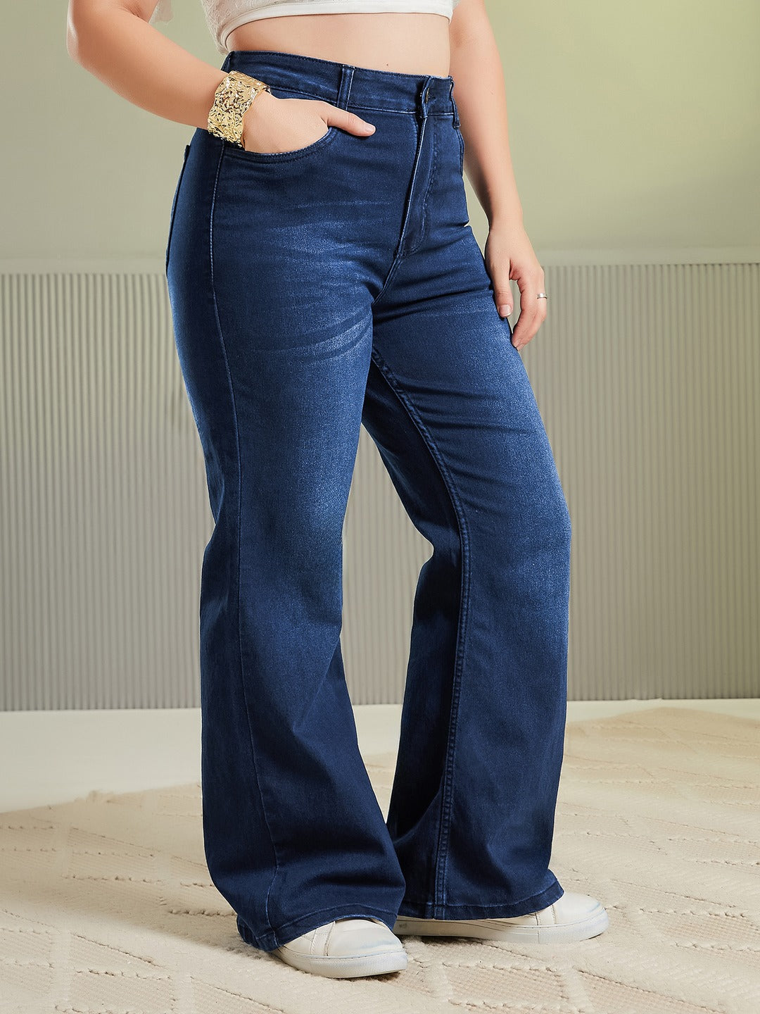 Light Blue Wide-Leg High-Rise Stretchable Denim Jeans for Women