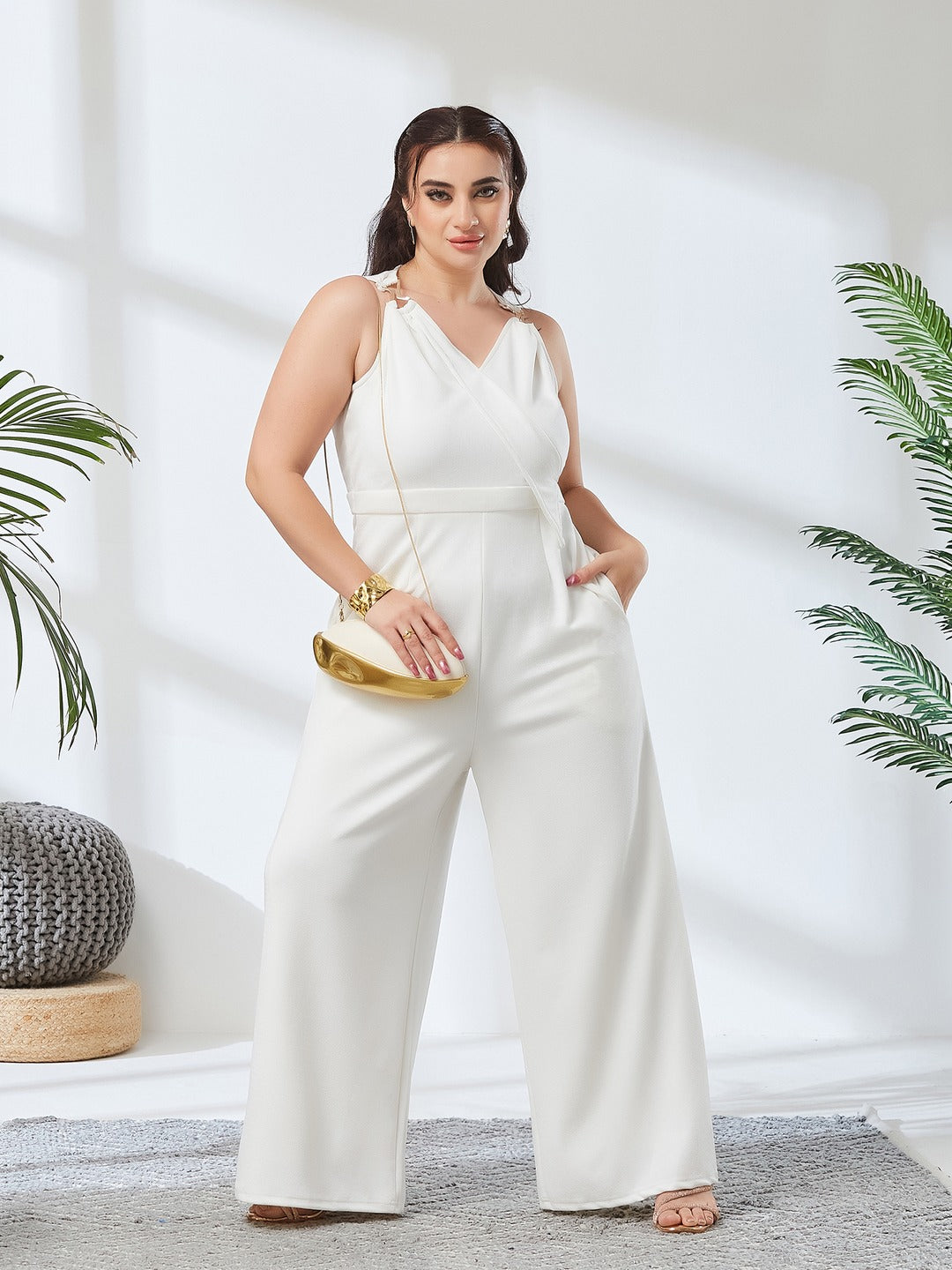 Off-White V-Neck Sleeveless Solid Wrap Regular-Length Polyester Jumpsuit for Women